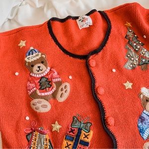 Vintage Nutcracker Red Christmas Bears Cardigan SZ L